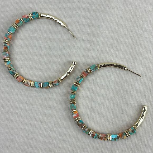 Kendra Scott Ember Gold Plate Hoop Earrings Bronze Veined Turquoise Red Oyster - Picture 10 of 12